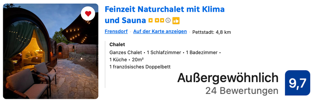 Booking.com Bewertung für das feinzeit Naturchalet: 9,7 außergewöhnlich
