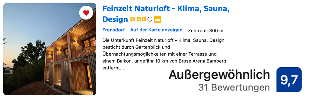 Booking.com Bewertung für das feinzeit Naturloft: 9,7 außergewöhnlich