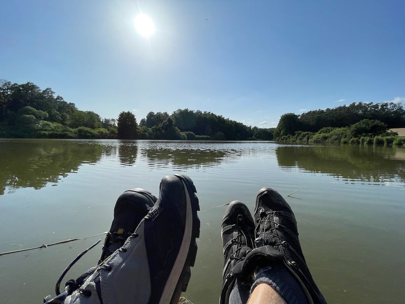 Waldweg, der in eine sonnige Wiese bei Frensdorf führt