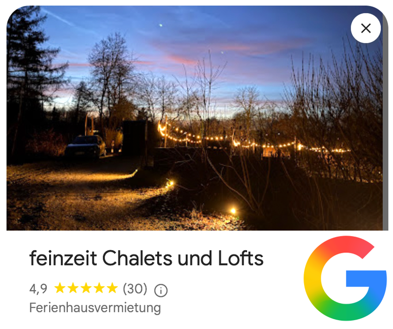 Google Bewertung für feinzeit Chalets und Lofts: 4,9 von 5 Sternen